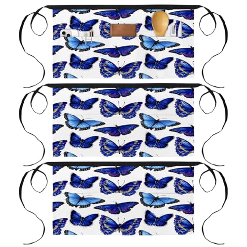 Tablier court de chef lot de 3 avec 3 poches pour cuisine et bistrot motif papillons multicolore