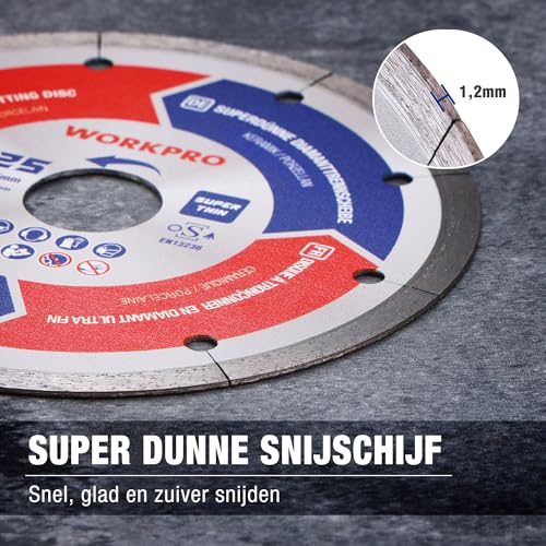 WORKPRO 2 x 125mm Profi Diamantdoorslijpschijven, 1,2mm Superdunne Diamantschijf voor Droog, Nat Snijden van Keramiek en Tegels, Compatibel met Winkelslijper - Afbeelding 4