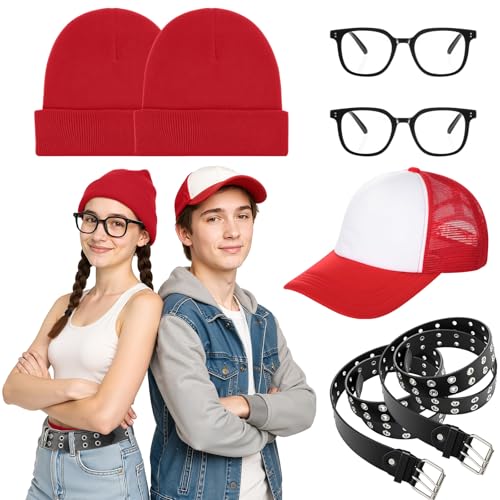 Simlakey 7 Pcs Halloween Subway Couple Costume Accessories Red Beanie Cap Trucker Hat Belt Square Eyeglasses for Men Women Halloween Street Runner Cosplay Party