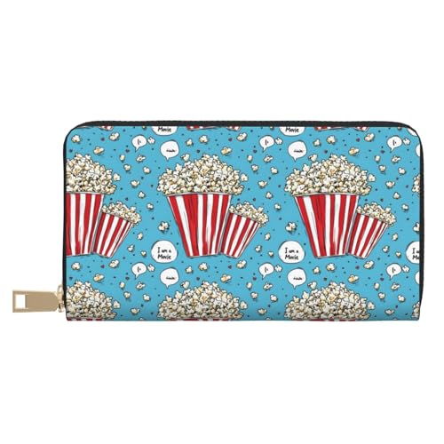 Cartoon Popcorn Print Wallet Women Men, Long PU Leather Wallets for Women, Cute Womens Travel Wallet Purse Pouch with Zipper Pocket