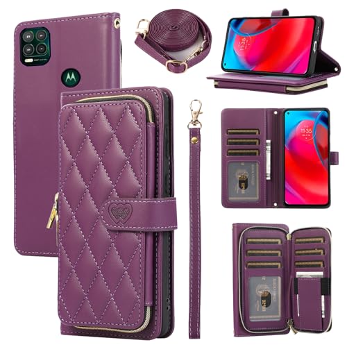 Furiet Argyle Wallet Case for Moto G Stylus 5G 2021 with Wrist Strap Shoulder Strap, 9+ Card Slots Zipper Purse, Luxury PU Leather Stand Phone Cover for Motorola GStylus G5 XT2131DL Women Deep Purple