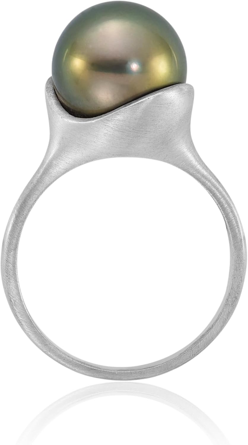 IceCarats 14K Solid White Gold Tahitian Black Pearl Statement Solitaire Ring 10mm Slim Band Prong Set, Satin