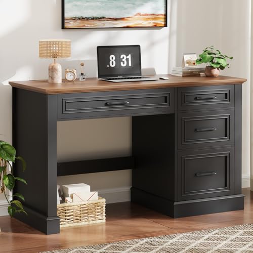 Image of Farmhouse 47 inch Executive Desk with File Drawer, Computer Desk with 4 Drawers, Workstation for Writing, Study, Home Office,Black Brown
