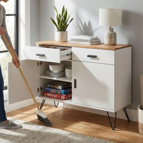 Image of FFO cabinets for Living Room | Wooden Living Room Storage Cabinet with Drawers, Side Cabinet for Bedroom, Modern Wood Finish, 2 Door Cupboard with Metal Legs White and Coach Wood (DIY).