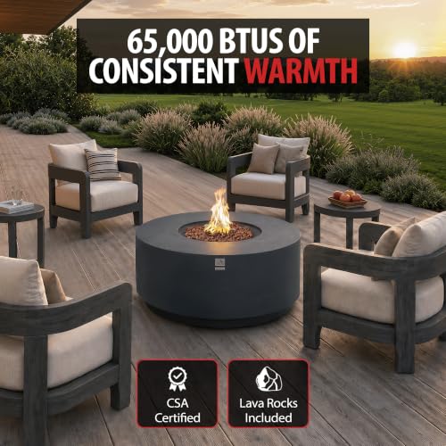 Image of AMS Round Concrete GFRC Propane Gas Fire Pit Table (Dark Gray) | 65000 BTU Patio Table with Tank Storage, Gas Hose, Repair Kit, Water Resistant Canvas Cover & Electronic Ignition