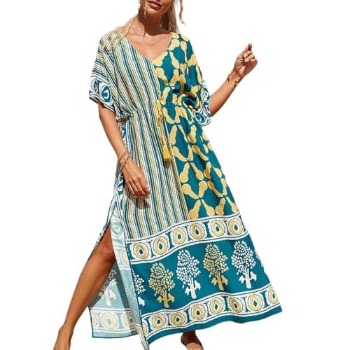 Eddoyee Loose Beach Kaftan Dresses for Women Caftan Swimsuit Cover Up H-green Yellow