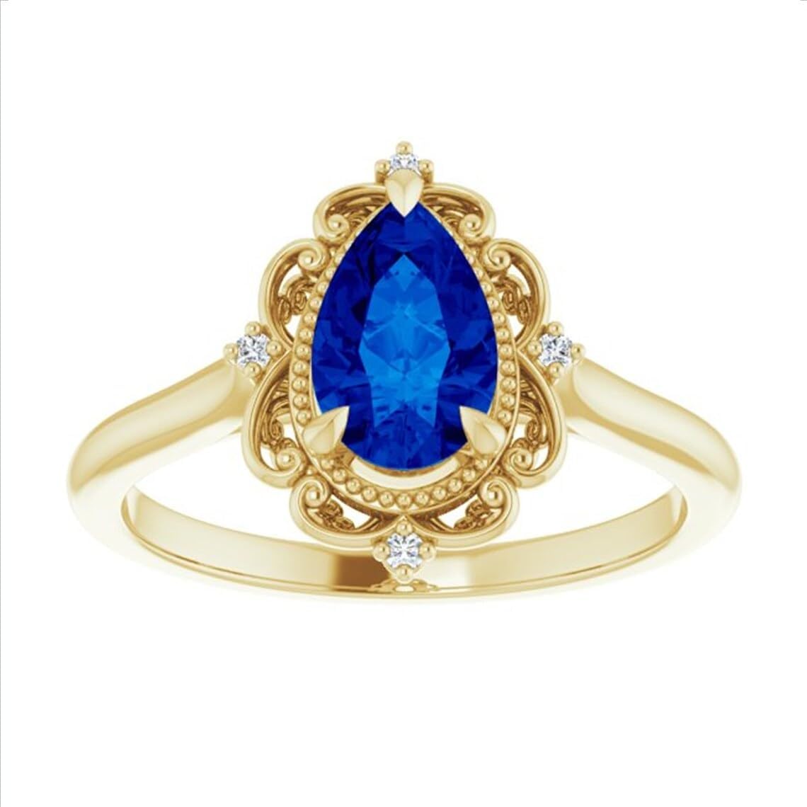 Generic Vintage 1 CT Pear Shaped Blue Sapphire Ring, Yellow Gold, Tear Drop Ring