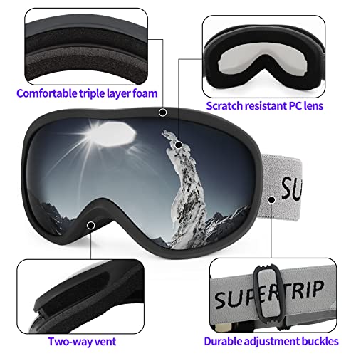 Image of Supertrip Snow Ski Goggles Anti-Fog 100% UV Protection Snowboard Skiing Goggles (Black Frame /Gray Lens (vlt 10%))