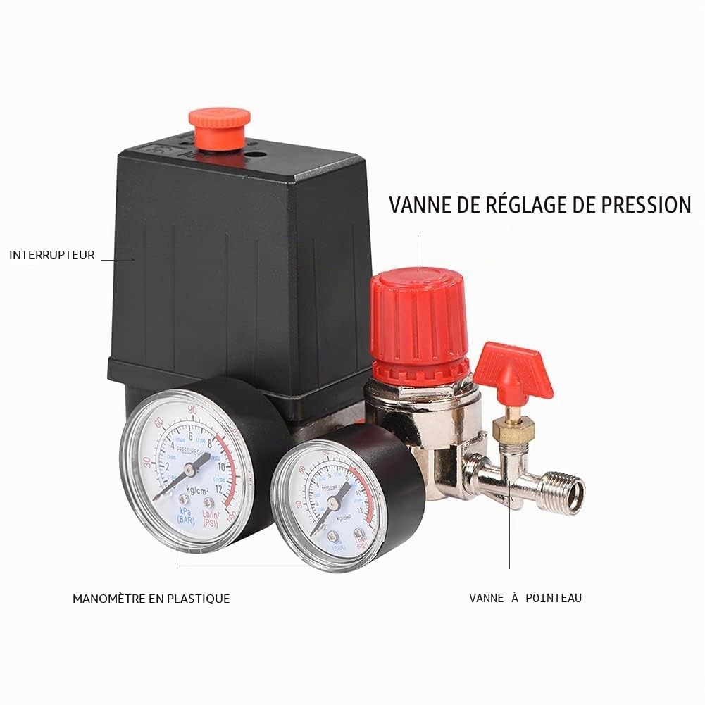 Compresseur d'air 12 bar, Pressostat Compresseur d'air, pour régulateur de soupape de commande de commutateur, 0.05-1.2Mpa, 3000L/min, Connector: 2-G1/4, Gauge diameter: G1/8 240V, 30-180 PSI