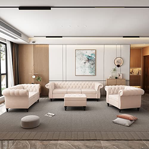 QHITTY 3 Piece Living Room Set, Sectional Chesterfield Sofa Chair Contemporary Upholstered Velvet Loveseat Couch Sets for Living Room, Bedroom, Office (Beige)