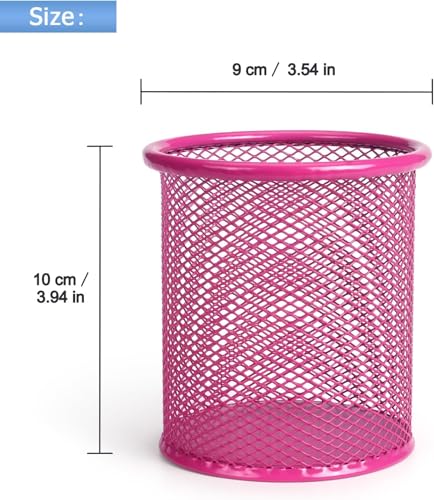 Image of Metal Mesh Pen Stand for Office & Home Desk | Black Stationery Holder Organizer for Pens, Pencils, Markers, Makeup Brushes | Durable Round Wire Mesh Pen Stand (Pack of 1) (Pink)