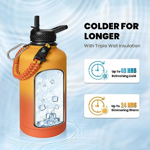 Image of RAYMYLO Insulated Water Bottle 64 oz, Triple Wall Vacuum Stainless Steel (Cold for 48 Hrs), Leak Proof & Non-BPA, Half Gallon Water Flask Jug with Paracord Handle & Straw Spout Lids, Ombre Orange