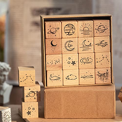Relaehih 16Cs Wood Rubber Stamps & 12Pcs Craft Ink Pad Stamps Set For Art, Craft, Card Making, Diy, Stationery, Scrapbook, Diary, Letter, Birthday Cards, Thank You Cards Decoration (Sun & Moon) #TOP5