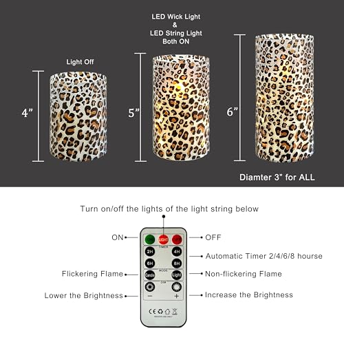 Image of Flickering Flameless Candles Leopard Print Embedded Star String Lights, Battery Operated Acrylic LED Pillar Candles with 11-Key Remote and Timer for Home Decoration, 3 Pack