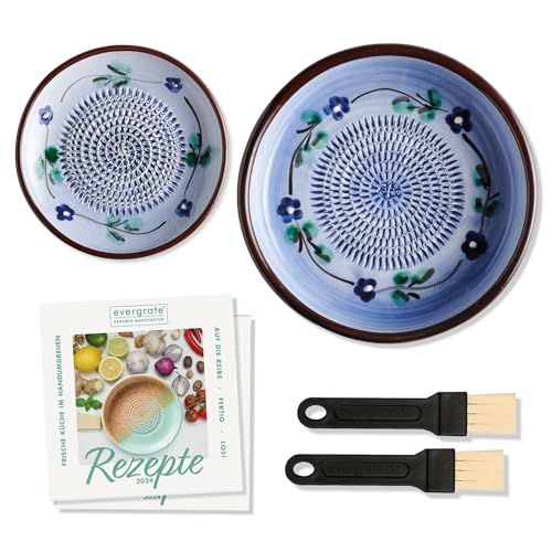 evergrate Geniales Duo: Tellerreibe + Dipschale Motiv Flora mit 2 Küchenpinsel und 2 Rezepthefte