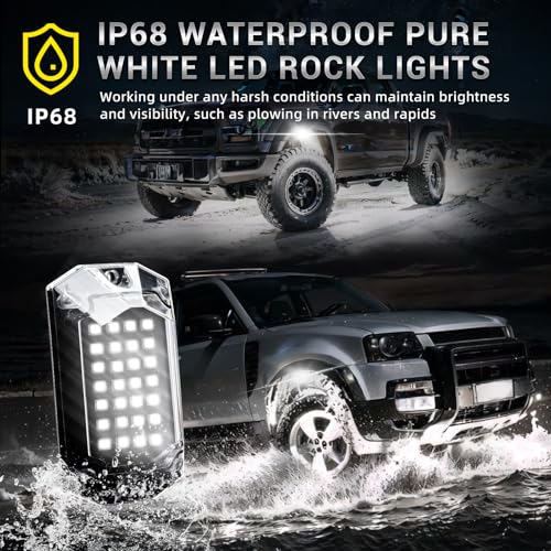 8 Pods Full Angle Pure White LED Rock Lights for Jeeps Truck Golf Cart ATV UTV RZR SUV Offroad Pickup, 6500K Super Bright Waterproof White Underglow Kit with Switch Wiring Harness Extension Wires