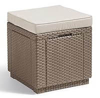 Allibert by Keter Cube Hocker mit Stauraum, cappuccino, inkl. Kissen, Deckel abnehmbar, flache Rattanoptik, wetterfest, 42x42x39cm