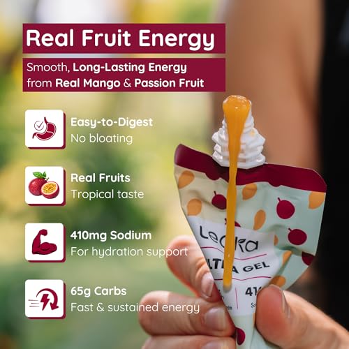 Image of Lecka Ultra Gel Passion Fruit Mango - 65g Carbs per Pouch - High-Carb Real Fruit Running Fuel, Resealable Spout, No Maltodextrin, Vegan - Ultra Endurance (4 Pack)