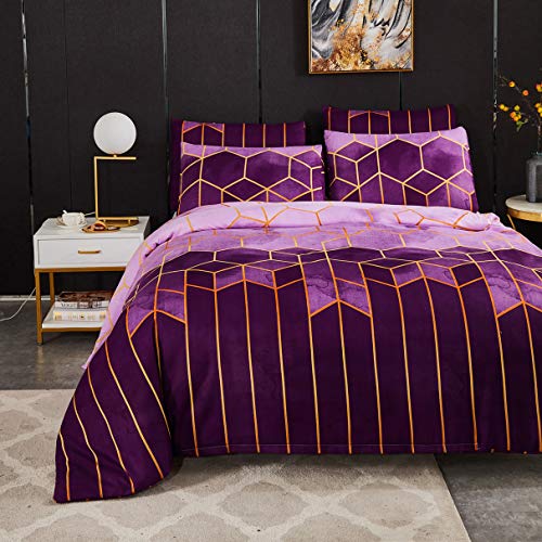 TeamWorld Fashion 3D Geometric Printed Duvet Cover Set Brushed Microfibre Purple Nordic Ethnic Style Soft Quilt Covers King Size Easy Care Boho Hotel Quality Bedding Sets with 2 Pillowcase 220x240cm