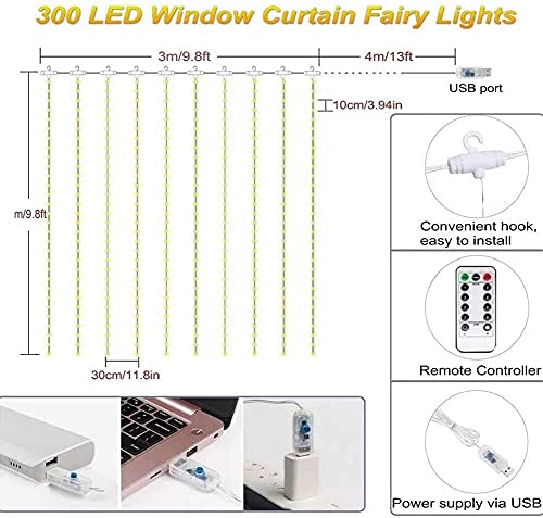 Image of MIRADH 300 LED Fairy Curtain String Lights 9.8Ftx9.8Ft - USB Powered Remote-Controlled Backdrop, Warm Ambience for Diwali, Navratri, Christmas & New Year Decor, (Yellow)