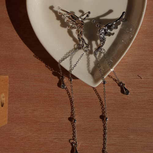 Jeanbeau Fairy Butterfly Wing Cartilage Silver Ear Crawler Cuff Non Piercing Earrings For Women Girls - Long Angel Chain Tassel Crystal Cubic Zirconia Ball Beaded Tear Drop Dangle Fashion Jewelry Prom Wedding Gifts #TOP5