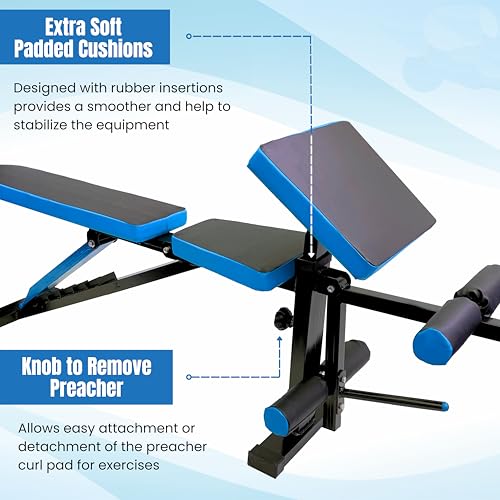 Image of Adjustable Workout Bench for Home Gym | Multifunctional Incline Decline Bench with Preacher Curl Pad & Leg Support | Full Body Strength Training Bench for Men & Women (Black & Blue)