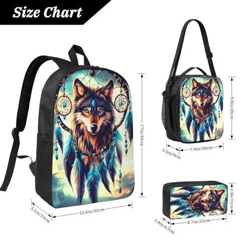 (Ship from USA) Dream Catcher Wolf 17 Inch Large Capacity Backpack 3-Piece Set Backpack Suitable For Outdoor Leisure4