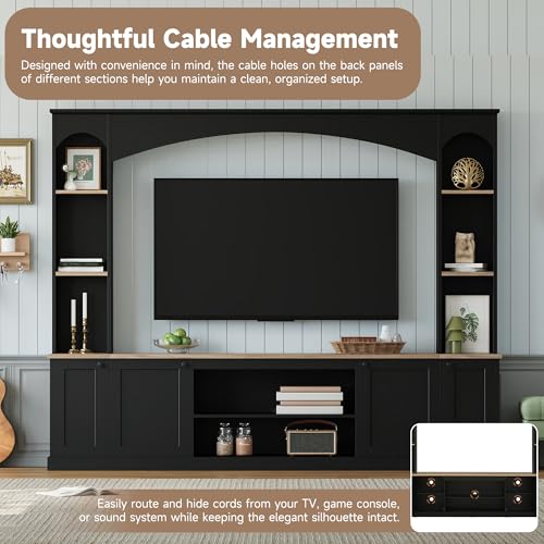 Image of JIJIWANG 91 inch Arched Entertainment Center with Bookshelf for TVs Up to 70 inch, Large Wall Unit Tv Stand with Storage Adjustable Shelves Doors for Living Room Black