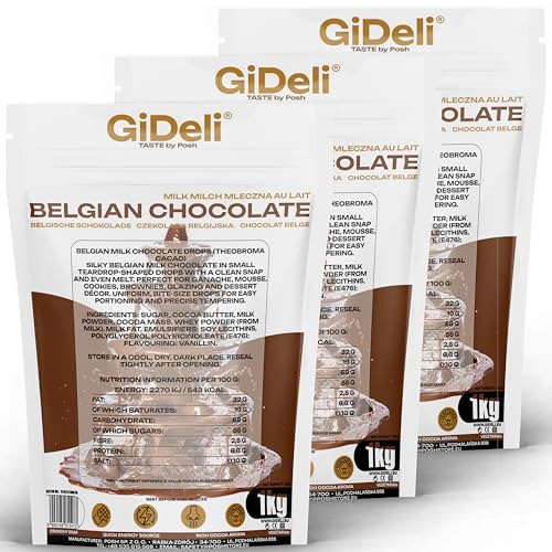 GiDeli Belgische Schokolade 3 x 1kg - Pralinen Chips, Schokodrops - Vollmilch-Kuvertüre - Perfekt für Schokofondue, Backen, schokobrunnen, Desserts & Glasuren