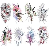 Bird Flower Temporary Tattoo For Women Half Sleeve, Large Realistic Hummingbird Floral Fake Tattoo Adult Girl Thigh Chest, Color Swallow Peacock Temp Tatoo Sticker Arm Back Body Art Makeup, 8-Sheet