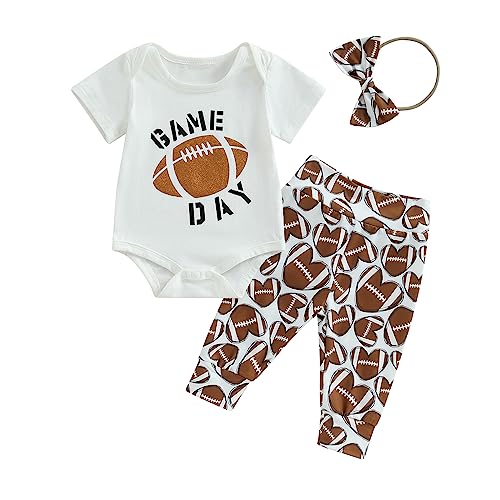 Amnnchya Newborn Baby Girl Clothes Letter Short Sleeve Football Romper Top Love Pants Set Infant Cute Outfits (Game Day Romper,3-6 Months)