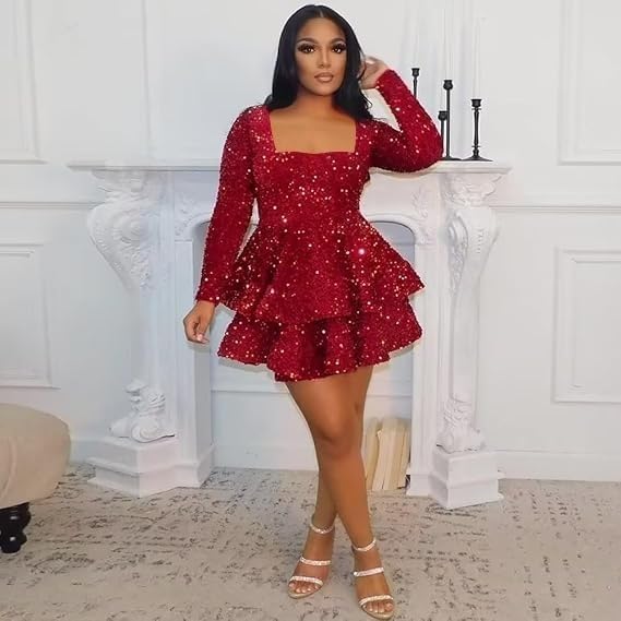 Sparkly Long Sleeves Short Homecoming Dresses for Teens 2025 Tiered Sequin Sweet 16 Prom Cocktail Dress2