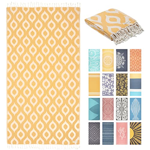Feshka Sand Free Turkish Beach Towel (37 X 67) Quick Dry Bath Towel, Oversized Beach Blanket, Lightweight For Travel - Made With 100% Organic Turkish Cotton - Droplets (Yellow) #TOP8