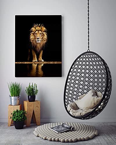 Lion Animal Canvas Print Wall Art Honorable And Confident With Crown Black And Gold Framed And Stretched Pictures For Living Room Bedroom Home Office Wall Decor Artwork,Bedroom Decor For Men Gift #TOP5