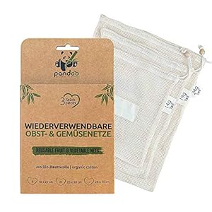 pandoo 3 stuks fruit- en groentenetten van biologisch katoen, 3 boodschappennetten, plasticvrij en onverpakt winkelen…