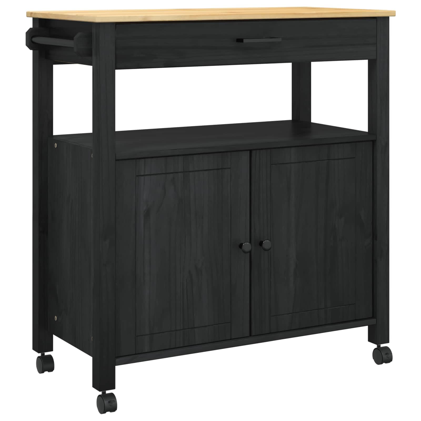 Küchentrolley Monza Schwarz 84 x 40 x 88,5 cm aus massiver Kiefer, modernes Rollwagen mit Regal & Schublade, schmaler Servierwagen für kleine Küche, Living & Dining