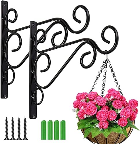 TSHAOUN 2 Pack Hanging Basket Brackets, 10 Inch Large Heavy Duty Wall Hanging Plant Basket Bracket, Indoor Outdoor Home Garden Iron Plant Wall Hooks for Planters Flower Lamp Birdcage Decor (Black)