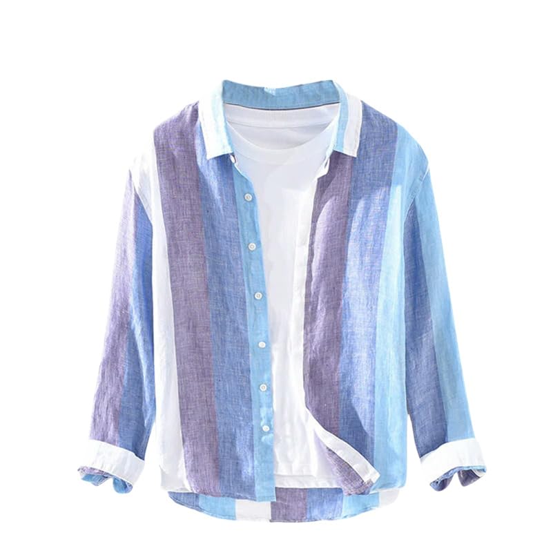 Chemise en lin homme respirante tissu haut de gamme rayé