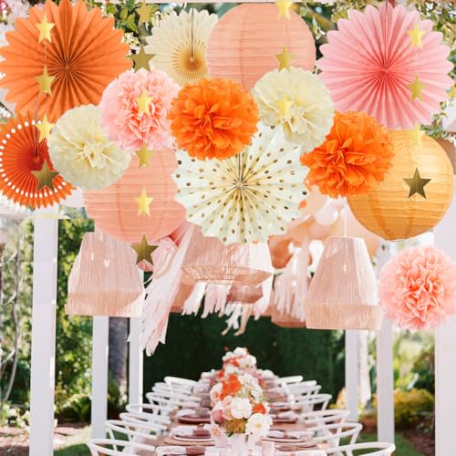 Décorations de fête d'automne beige, orange, pêche, éventails en papier, lanternes, décorations de fête en orange et crème pour bébé, fête nuptiale, mariage, fiançailles – vue 4