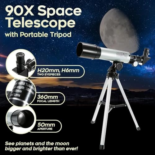Misilmp Kinder Teleskop, 360/50mm Astronomie Teleskop mit Sucherfernrohr und Stativ – Tragbares...