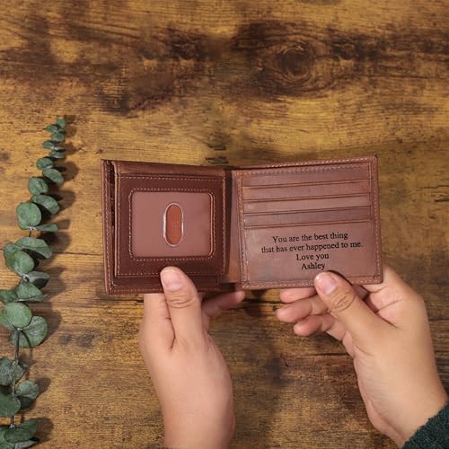Engraved Mens Bifold Wallet - Top Grain Leather with Dual ID Windows | Advanced RFID Protection | Slim Design with 8 Card Slots | Durable Stitching | Personalized Gift For Him - Light Brown Engraved3