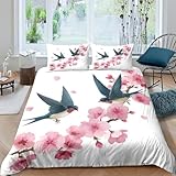 kaiyun Schwalben in rosa Kirschblüten Bettwäsche-Set, Bettbezug Double（200x200cm）,mit Kissenbezüg Und Reißverschlusse 3D Druck Clipart-Stil Für Erwachsene Kinder