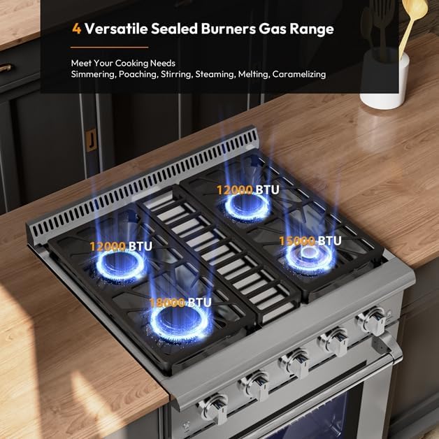 Empava Freestanding Slide-In Gas Range, Single Oven 4.2 cu. Ft, Pro-Style with 4 Sealed Ultra High-Low Burners-Heavy Duty Continuous Grates in Stainless Steel, CSA Certified, 30 Inch