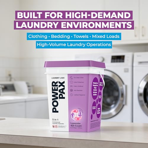 Image of PowerPax 5-in-1 Laundry Detergent Pods - 425 Count, Washer Pods with Stain Remover, Odor Control, Fabric Softener & Color Care for Commercial Laundry - Lavender
