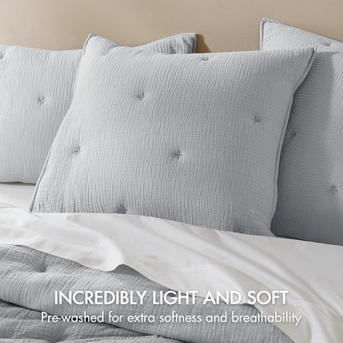Harbor House Cotton Muslin Euro Sham Blue, Crinkled Texture with Embroidered Tacking, Breathable and Soft, Oeko-TEX Certified, Machine Washable, Matching Quilt Set Available by Harbor House Blue - Used condition - Image 3