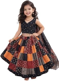 Gopi Enterprises Girls Ethnic Lehenga Choli Set, Black Multicolour Patchwork Skirt with Dupatta Price In India