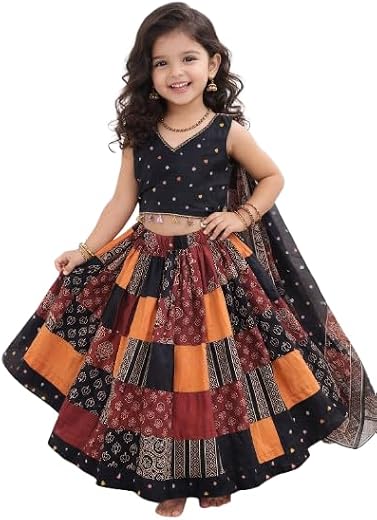 Gopi Enterprises Girls Ethnic Lehenga Choli Set, Black Multicolour Patchwork Skirt with Dupatta