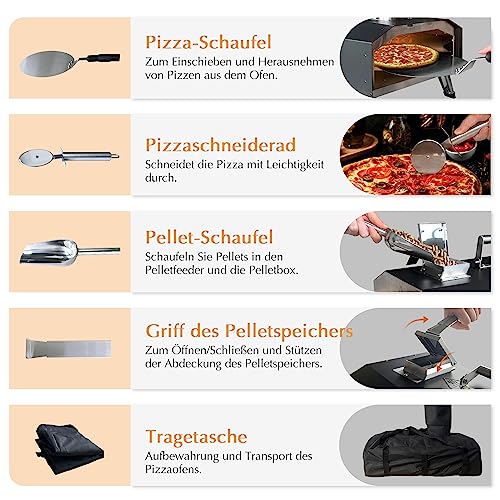 KitchenBoss Pizzaofen Outdoor Pizzaöfen Tragbar: Edelstahl Pizza-Backofen, Holzpellet angeheizter Pizza Ofen mit 30.5 cm Pizzastein für Garten Terrasse, Hinterhof, Camping 12-Zoll