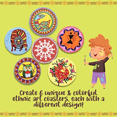 Image of Kalakaram Paint Your Own Ethnic Art Coasters DIY Kit with Design Paint 6 Coasters with 3 Art Forms