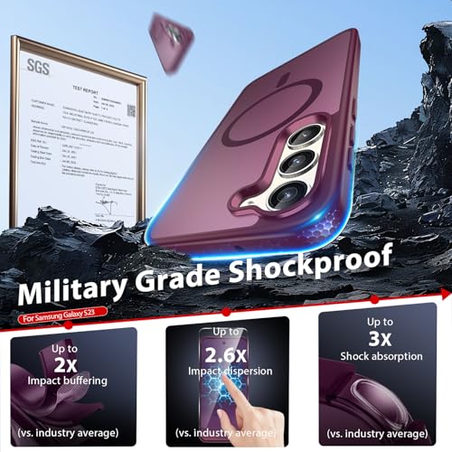 Dizn Magnetic for Samsung Galaxy S23 Case with Tempered Glass Screen Protector,Compatible with MagSafe Wireless Charging, with Strap,Matte Translucent Cover & Military Grade Protection S 23, Wine Red by Dizn - Used condition - Image 5